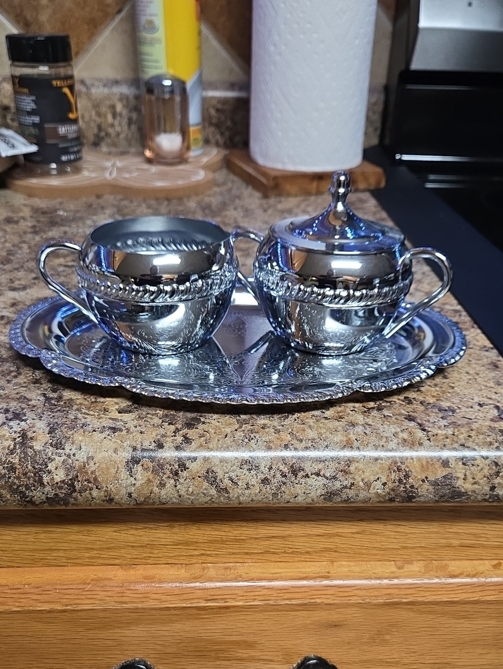 Vintage Irvinware Chrome Plated Creamer and Sugar Set with Tray, Made In USA